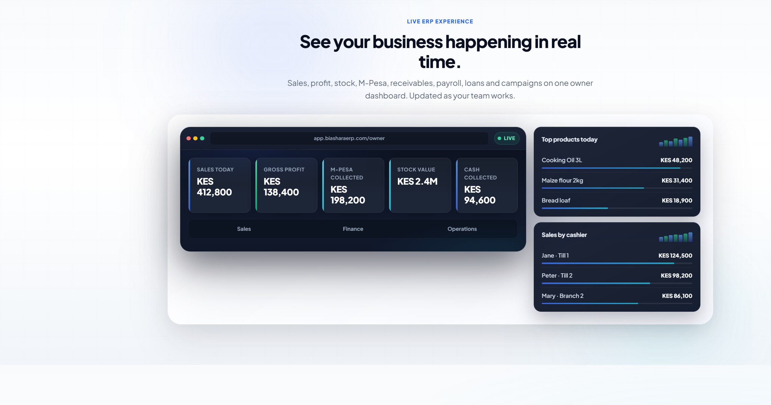 Biashara ERP owner dashboard screenshot showing live sales and performance metrics