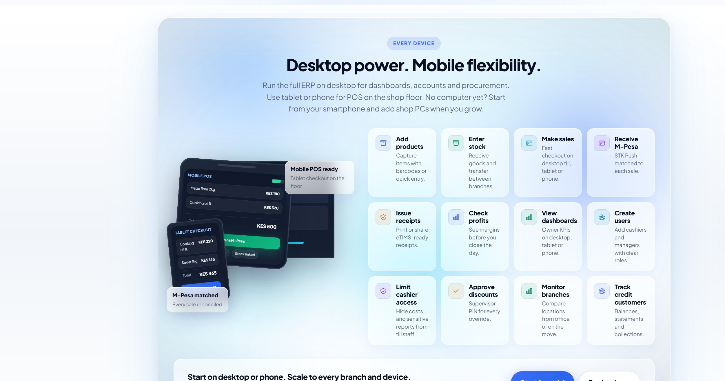 Biashara ERP POS and device section screenshot with mobile, tablet and desktop interfaces