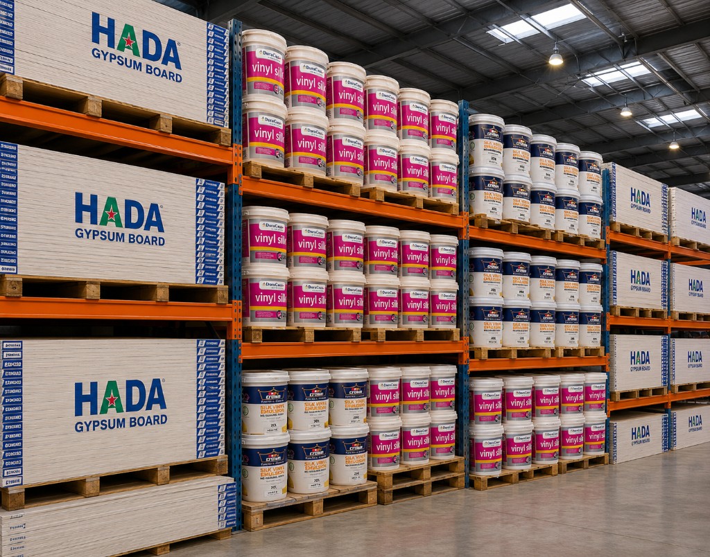 Crena warehouse stocked with HADA gypsum boards, Crown and Duracoat paints